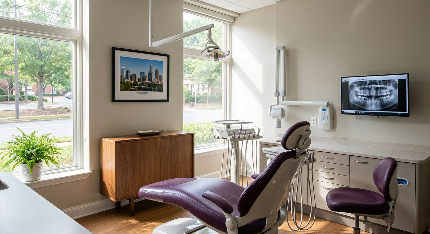 Modern dental examination room at Belvedere Dentistry with purple chair and digital X-ray technology