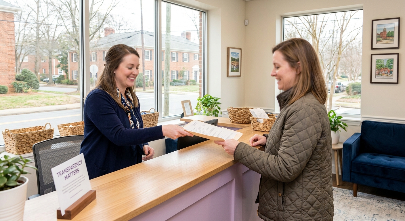 Patient receiving insurance information at Belvedere Dentistry's front desk in Charlotte with natural lighting