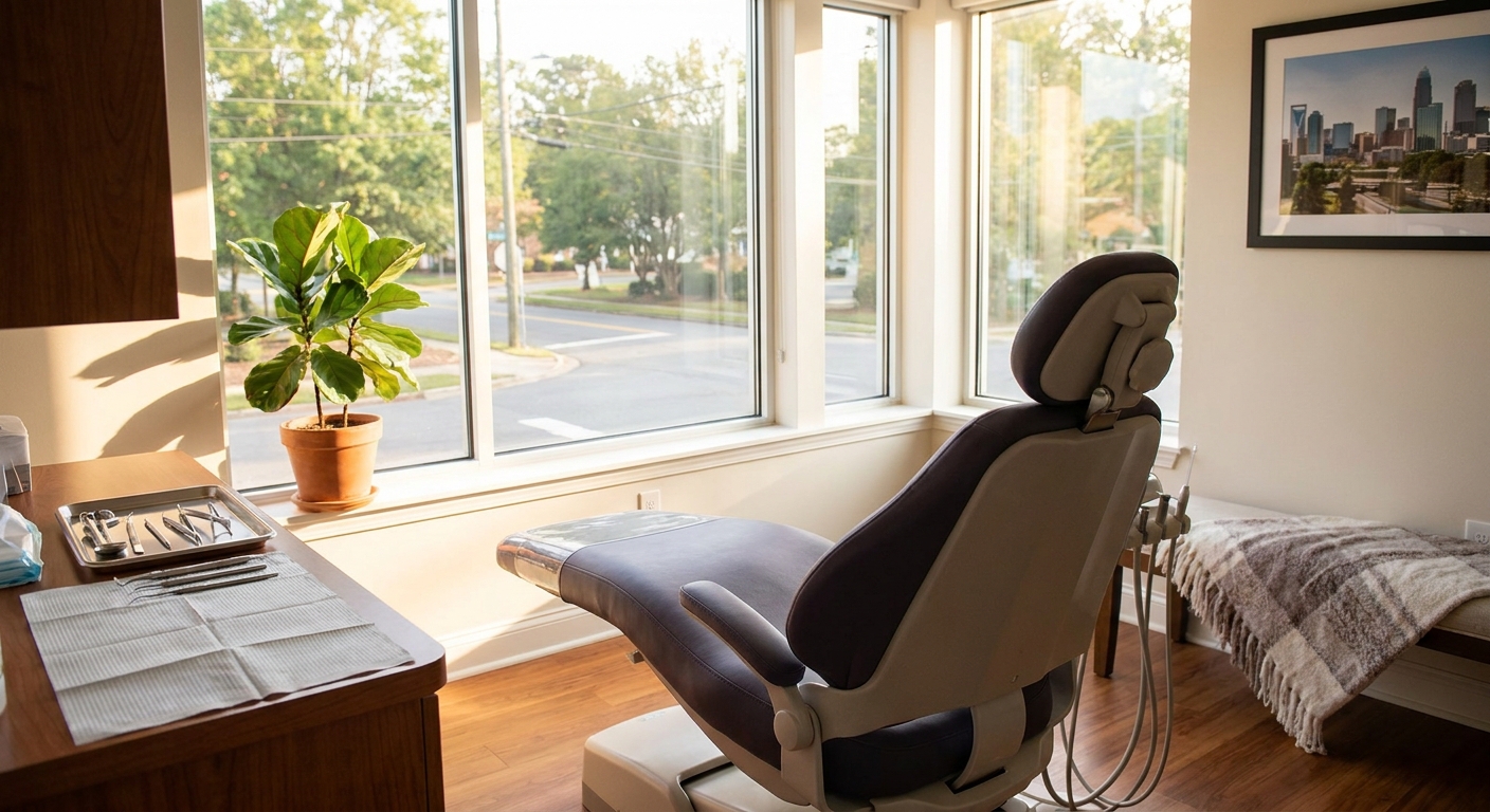 Empty dental treatment chair in naturally-lit hygiene room at Belvedere Dentistry in Charlotte