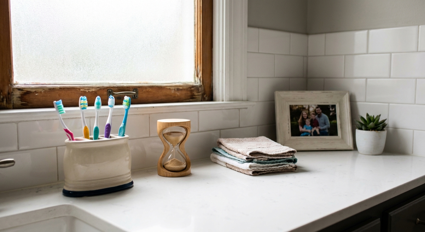 Family toothbrush holder with timer on bathroom counter in morning light